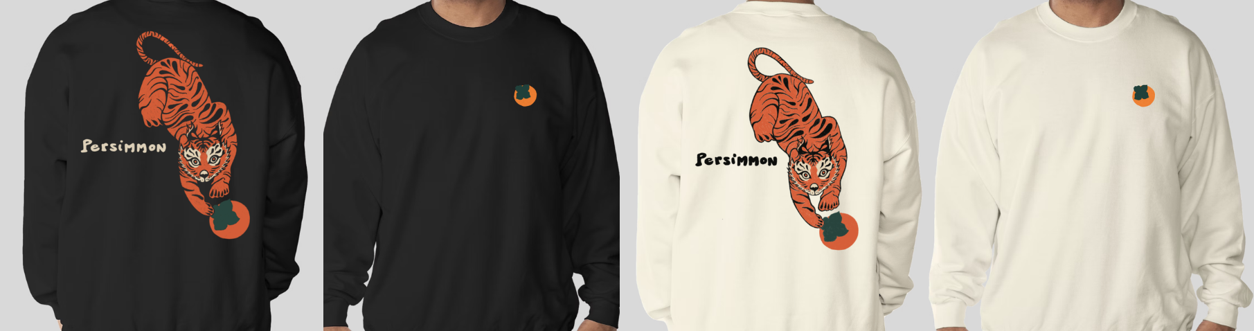 Black and cream crewneck sweatshirts with tiger back print and persimmon chest logo