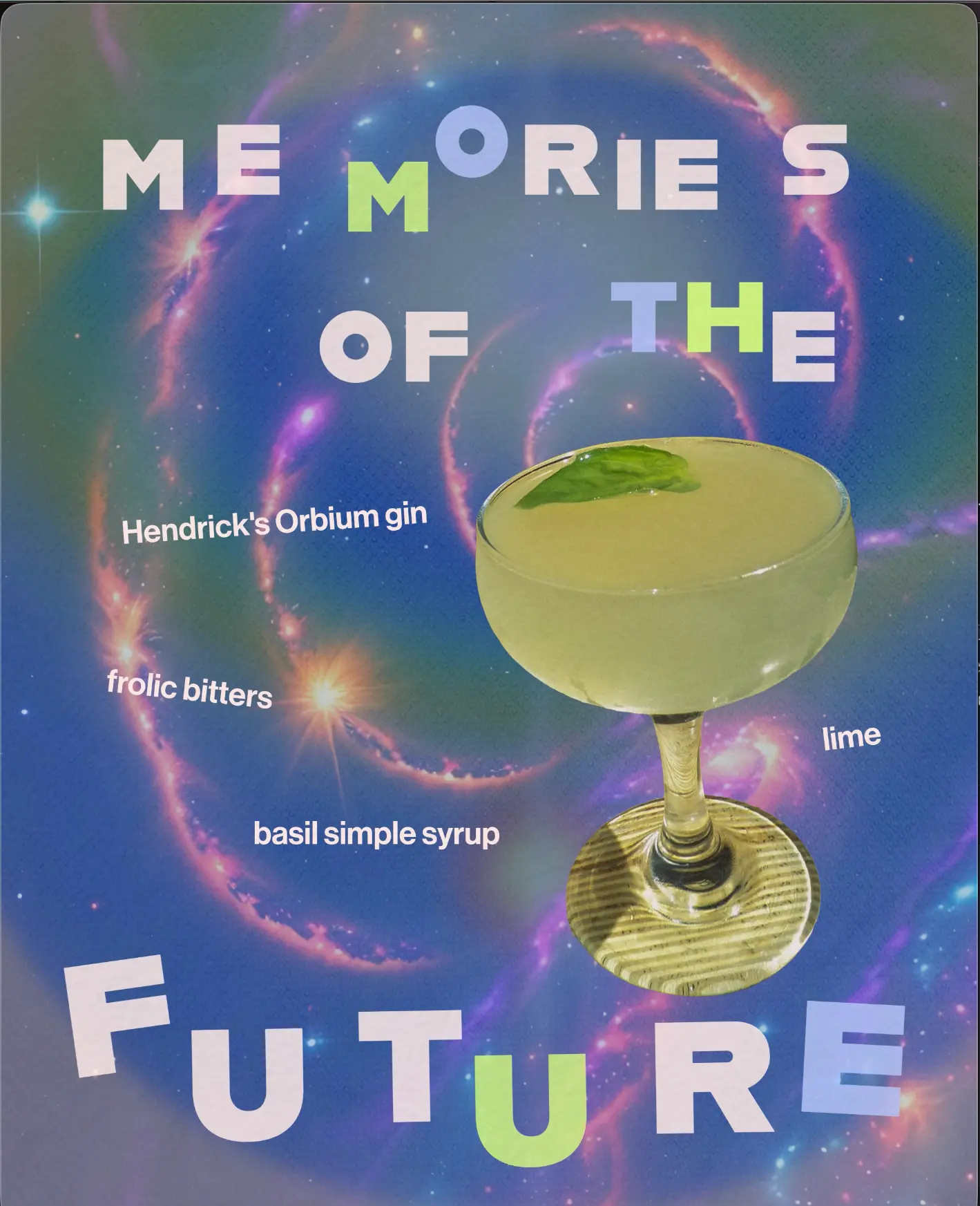 Memories of the Future cocktail poster with gin, basil syrup, lime and frolic bitters
