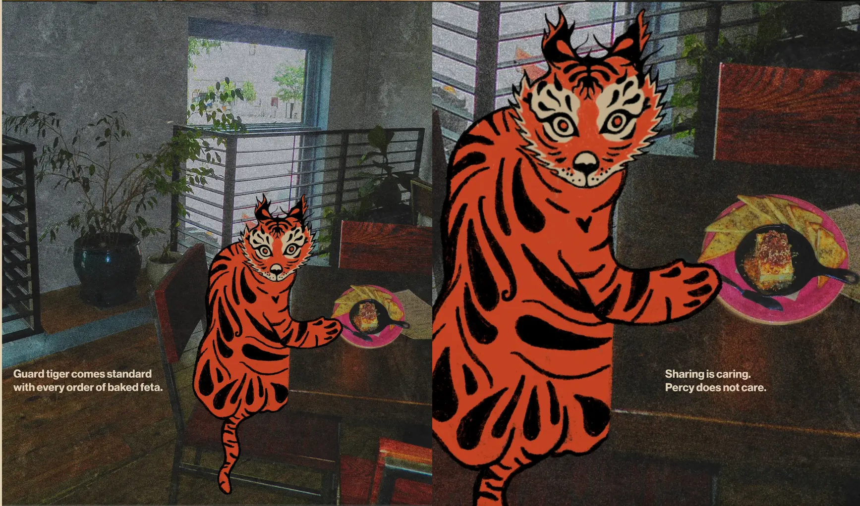 Guard tiger social posts: illustrated tiger composited into cafe photography