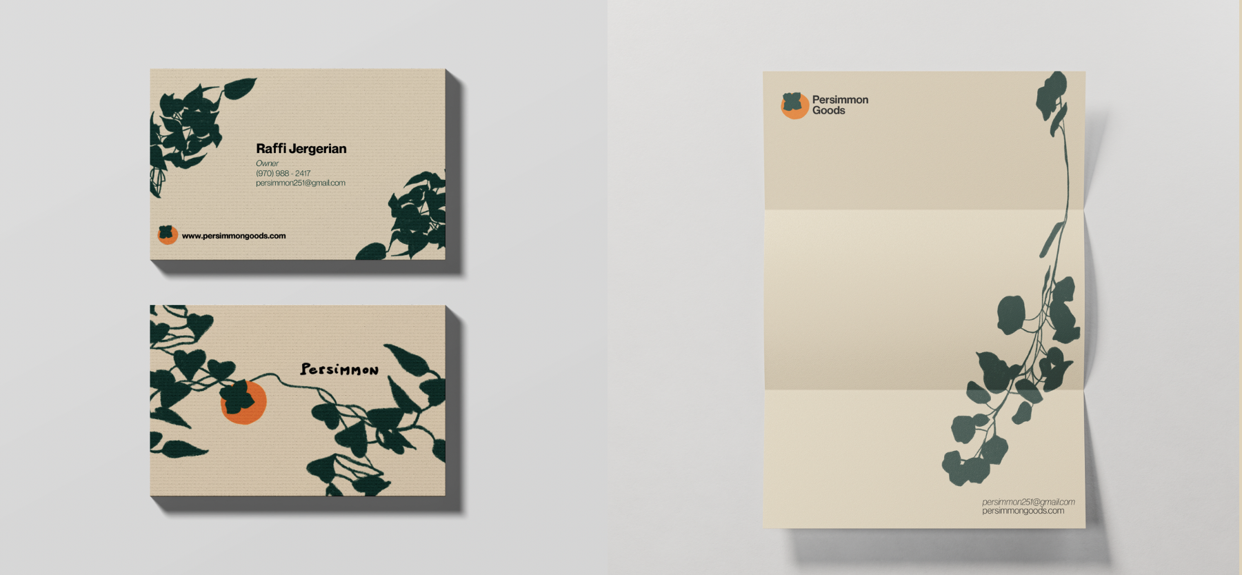 Persimmon business cards and letterhead with ivy illustration