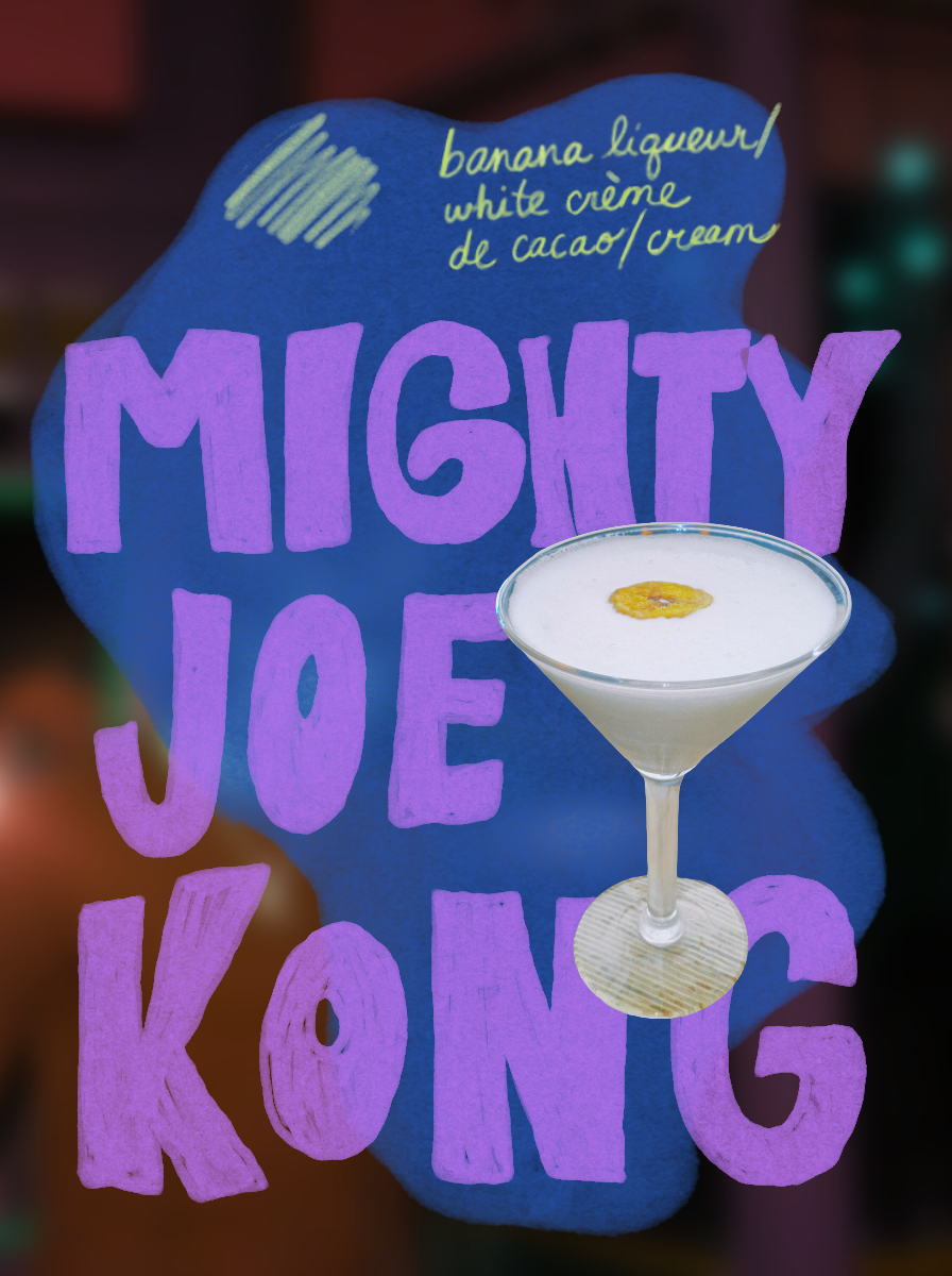 Mighty Joe Kong cocktail poster with banana liqueur, white creme de cacao and cream