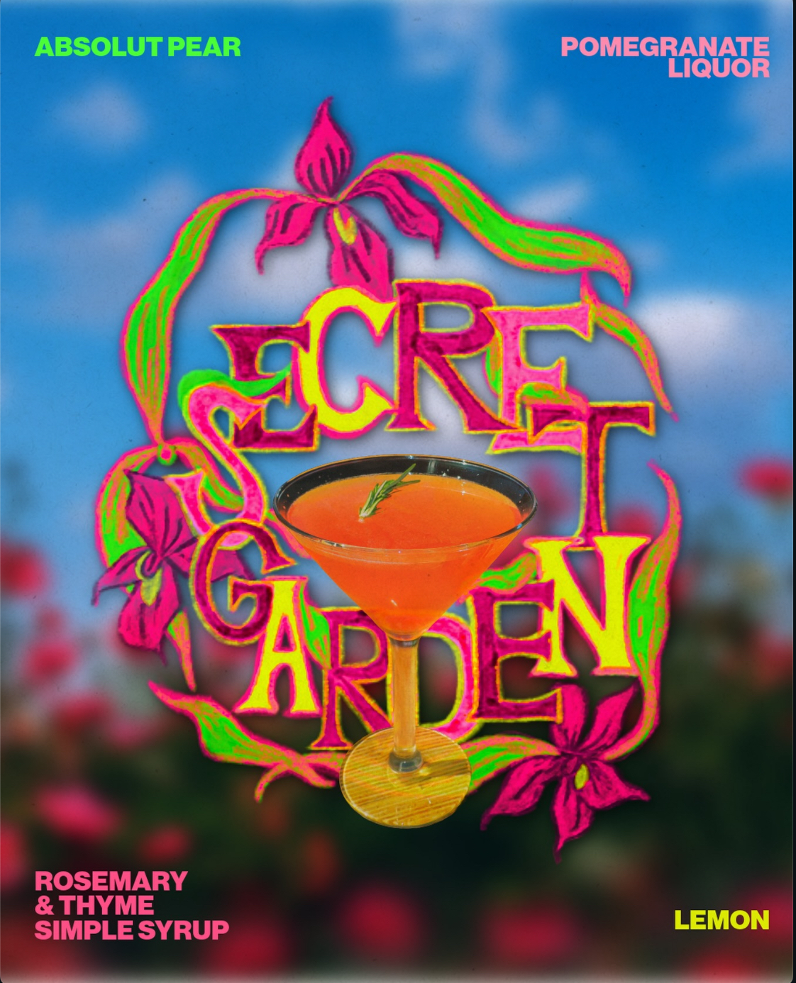 Secret Garden cocktail poster with hand-drawn florals, pear vodka and pomegranate liquor
